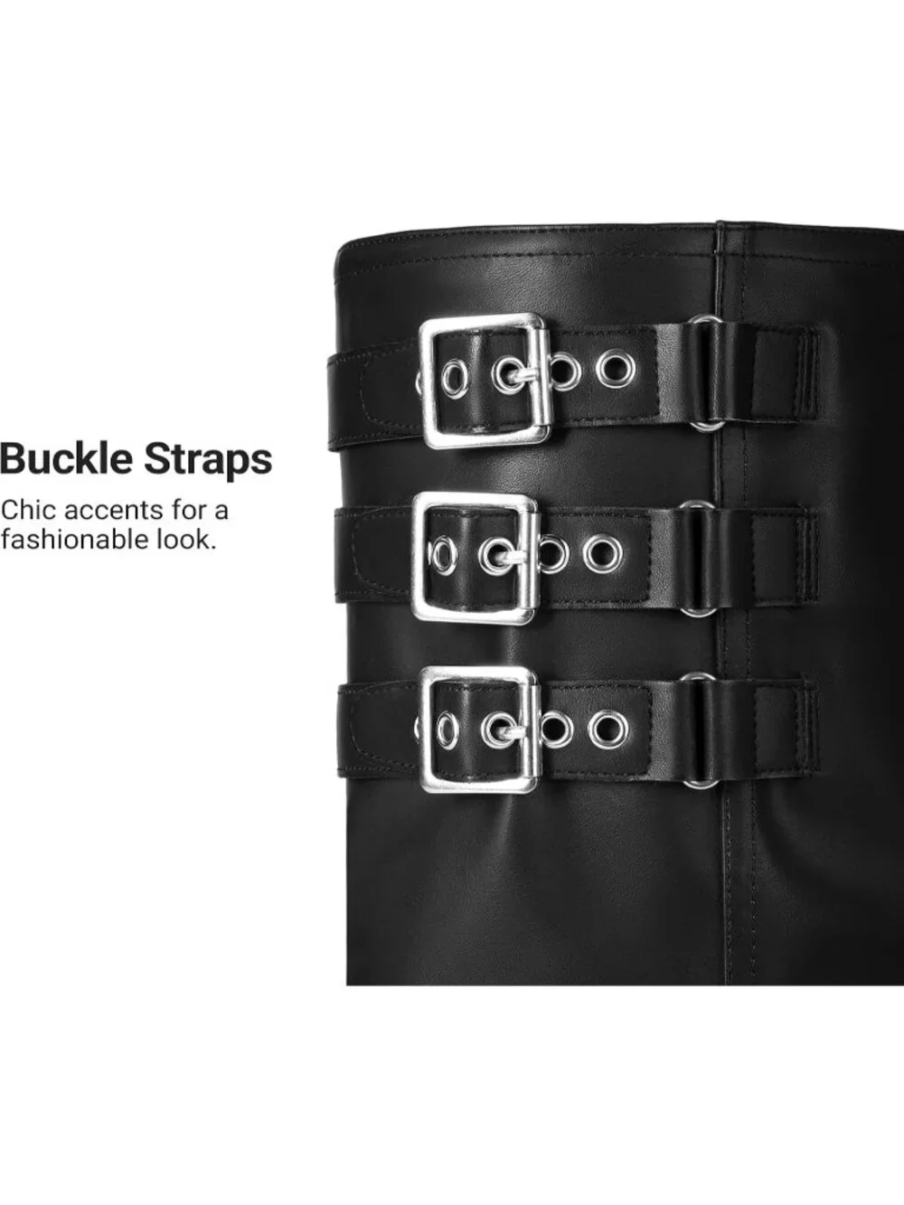 Women's Black Fashion Adjustable Buckle Low Chunky Heel Comfort Slouchy Boots